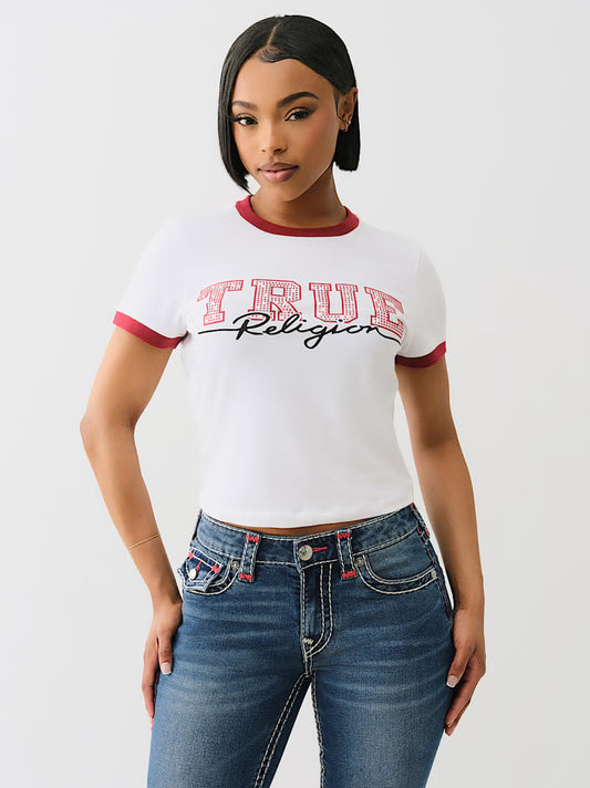 EXCLUSIVO EN LÍNEA CAMISETA PEQUEÑA CON BORDE Y DETALLE EN CRISTAL