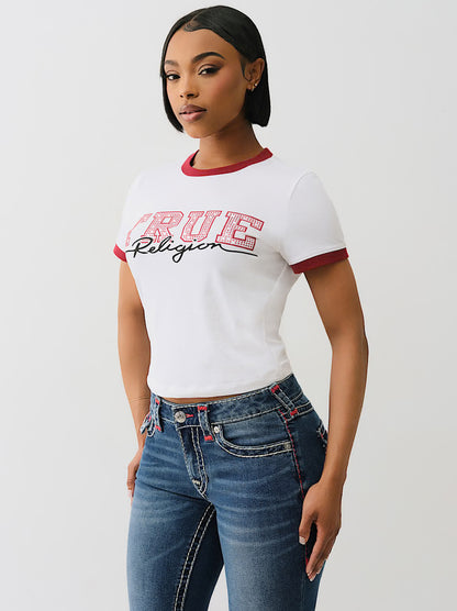 EXCLUSIVO EN LÍNEA CAMISETA PEQUEÑA CON BORDE Y DETALLE EN CRISTAL