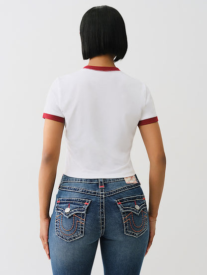 EXCLUSIVO EN LÍNEA CAMISETA PEQUEÑA CON BORDE Y DETALLE EN CRISTAL